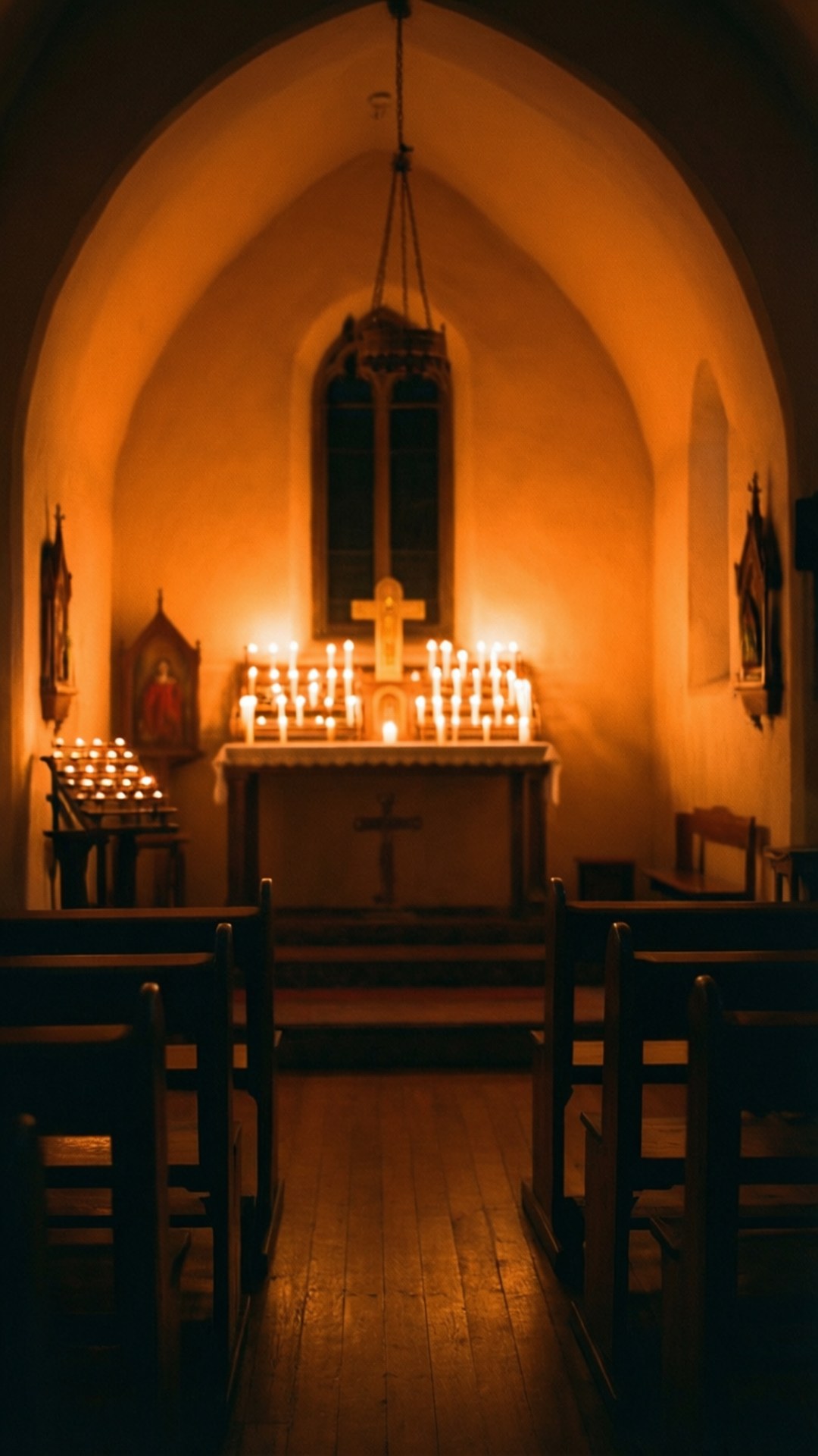 Candlelit Chapel Interior 壁紙 — 溫暖燭光沐浴著寧靜的石造教堂內部，有木製長椅和拱形天花板。