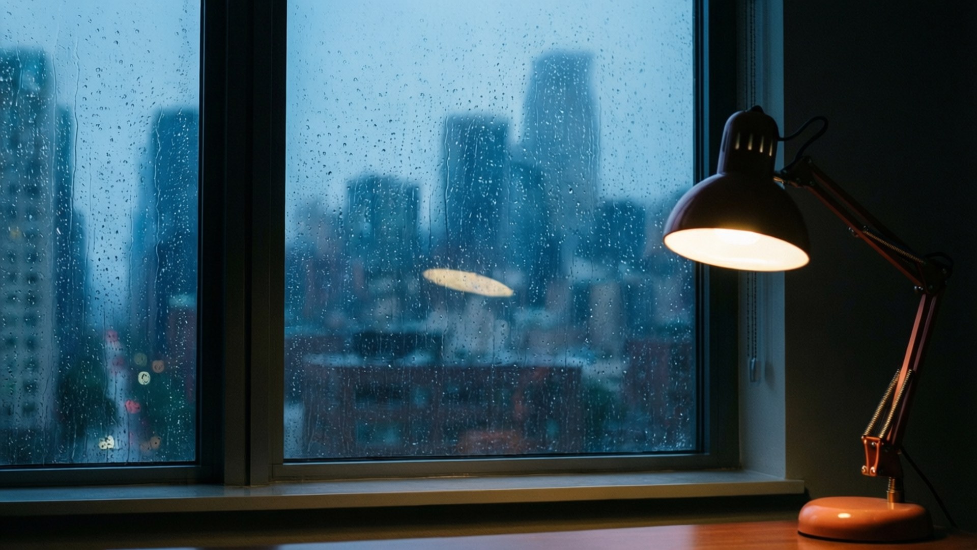 Rain on Office Glass 壁紙 — 一盞溫暖的桌燈在黃昏時分，在一個雨痕斑斑的窗戶旁發光，窗外是模糊的城市天際線。
