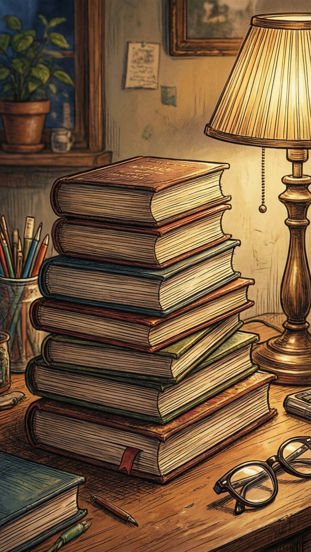Cozy Study Books Doodle 壁紙 — 一盞溫暖的燈發出金色光芒，照在木桌上的一疊復古書籍上，旁邊有眼鏡和美術用品。