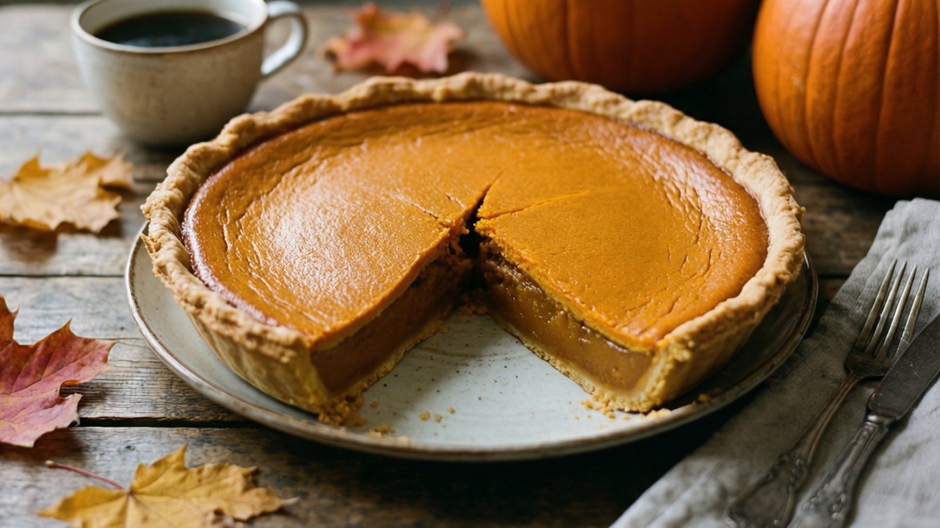 Pumpkin Pie Morning 壁紙 — 一個溫暖的南瓜派，其中一塊被拿走，放在一個質樸的木桌上，旁邊有秋葉、南瓜和一杯咖啡。