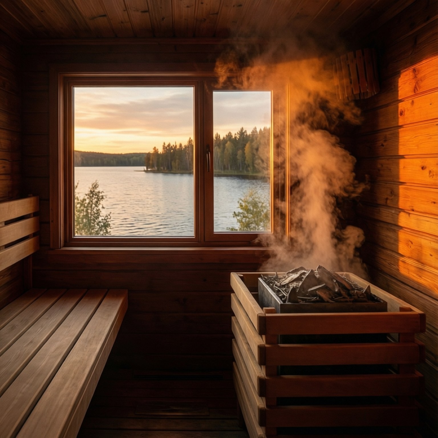Finnish Lakeside Sauna 壁紙 — 溫暖的蒸汽從鄉村桑拿房的柴火爐中升起，金色的夕陽光線透過窗戶灑進來，窗外是平靜的湖泊和森林。