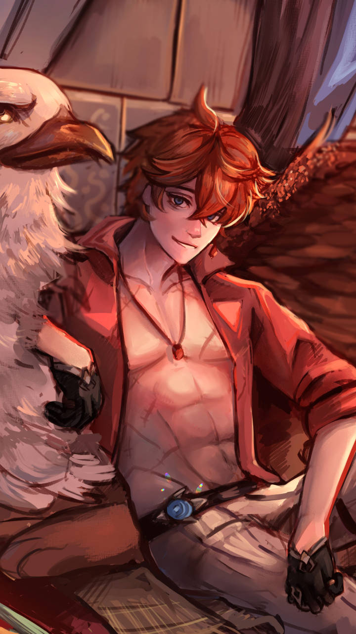 紅髮年輕動漫男子與白色小鳥在舒適的室內環境中。 — 原神手機壁紙 壁紙