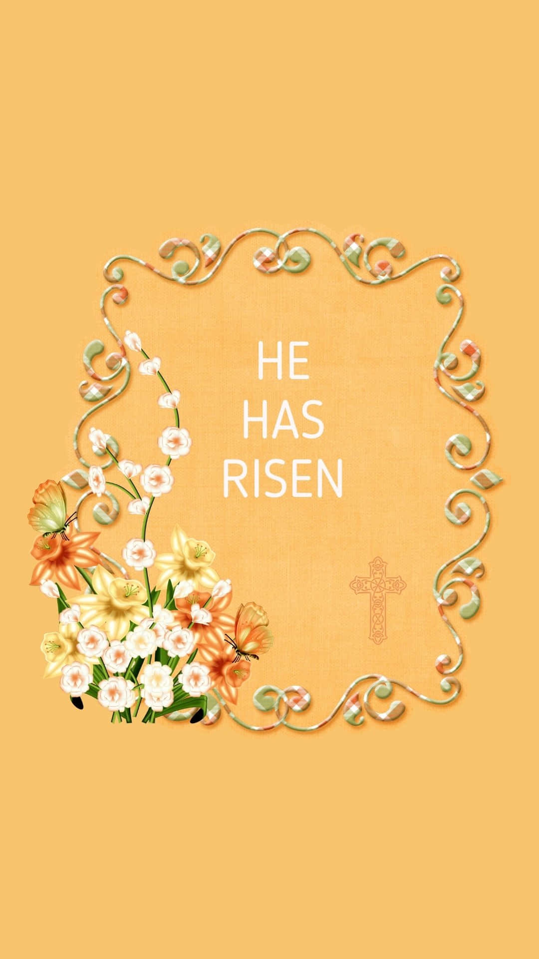  壁紙 — 溫暖的黃色背景上有一個花卉裝飾框，上面寫著「HE HAS RISEN」和一個小十字架。