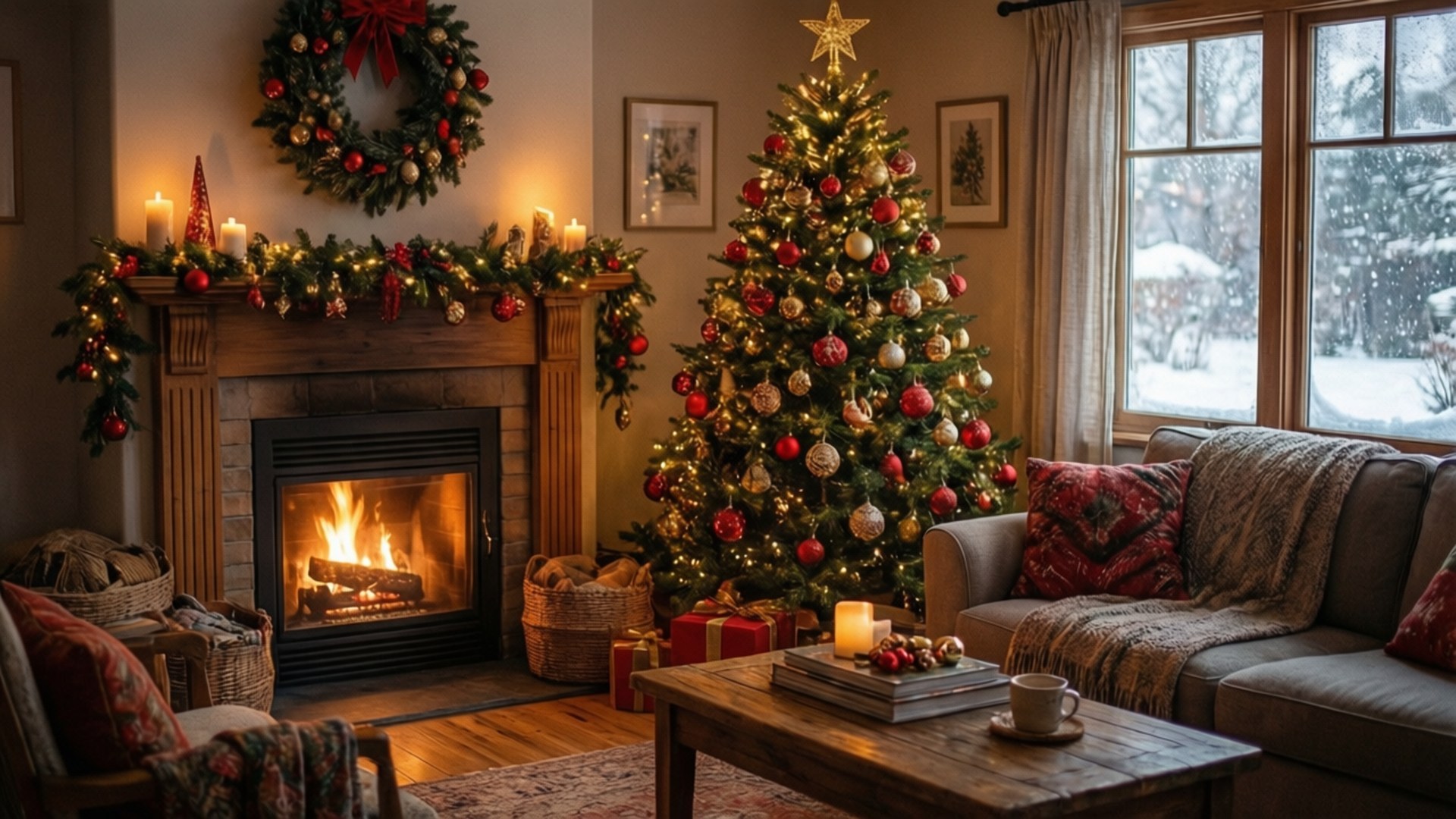 Cozy Christmas Room 壁紙 — 一個溫暖照明的客廳，設有發光的壁爐、裝飾好的聖誕樹，以及透過窗戶可見的雪。
