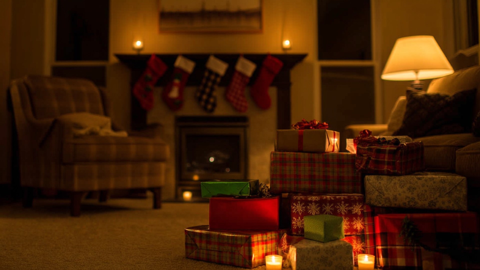 Fireplace Presents 壁紙 — 溫暖照明的客廳，堆疊的聖誕禮物在壁爐旁閃耀，壁爐上掛著節日襪子。