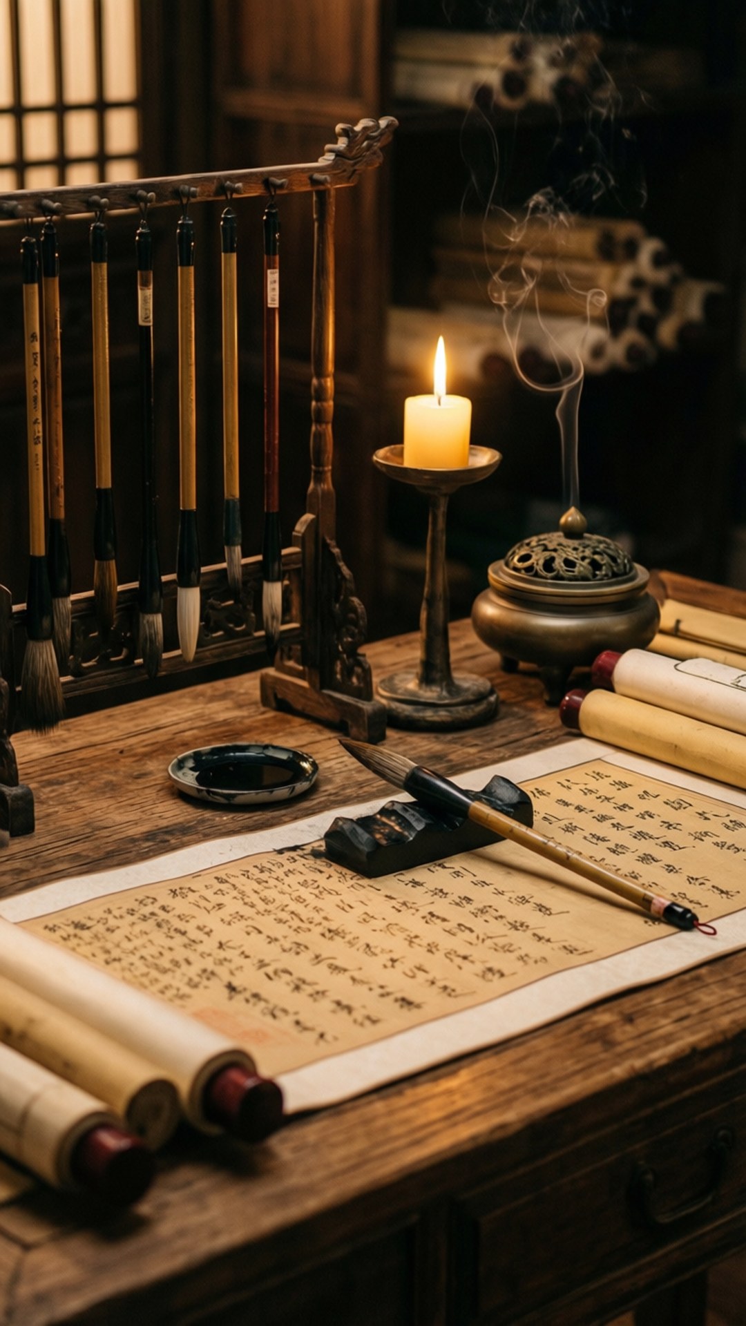 Cn Pfp 桌布 壁紙 — 一張溫暖燈光下的傳統書桌，擺放著書法工具、蠟燭、香和卷軸，營造出寧靜的學術氛圍。
