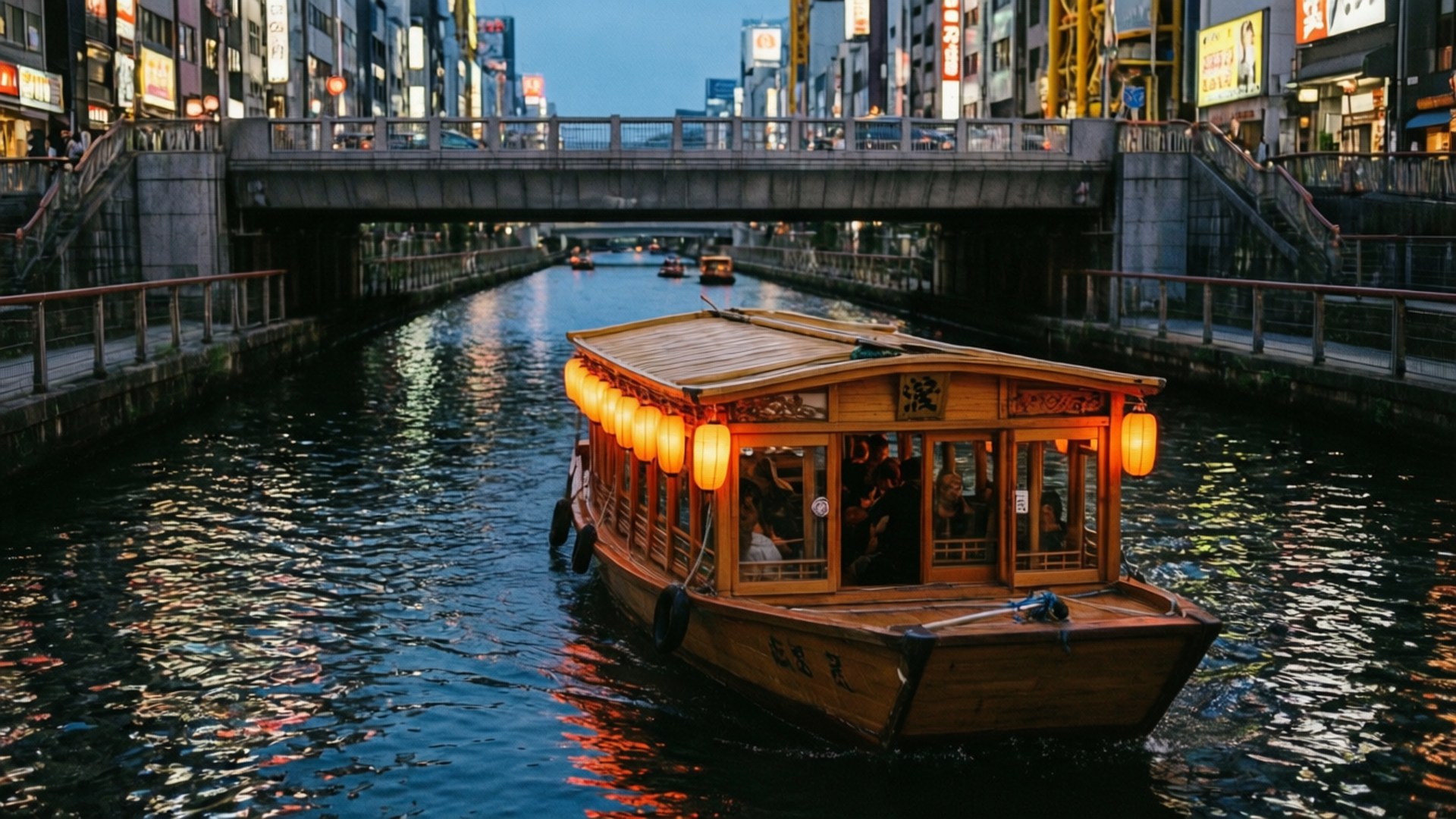 Canal Boat Twilight 壁紙 — 一艘溫暖照明的木船，掛著發光的燈籠，在黃昏時分穿過繁忙霓虹城市橋下的狹窄運河。