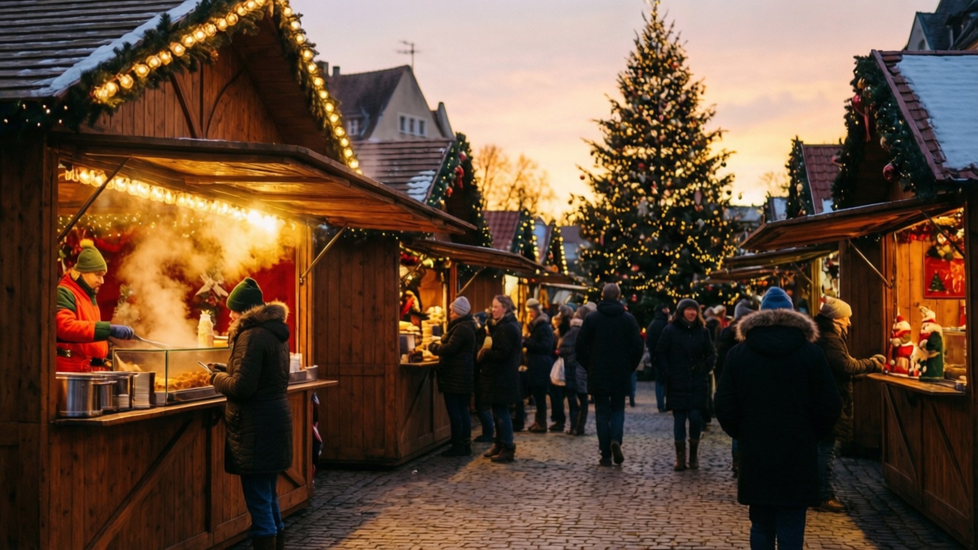 Christmas Market Glow 壁紙 — 溫暖照明的木製攤位排列在鵝卵石小徑上，熱鬧的聖誕市集中，人們在暮色天空下瀏覽節日商品。