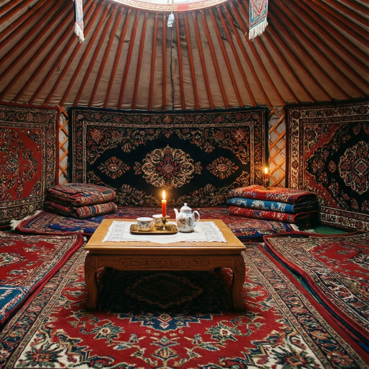 Kazakhstan 桌布 壁紙 — 溫暖照明的蒙古包內部，裝飾著豐富的紅色圖案地毯和一張放有茶具和蠟燭的木桌。