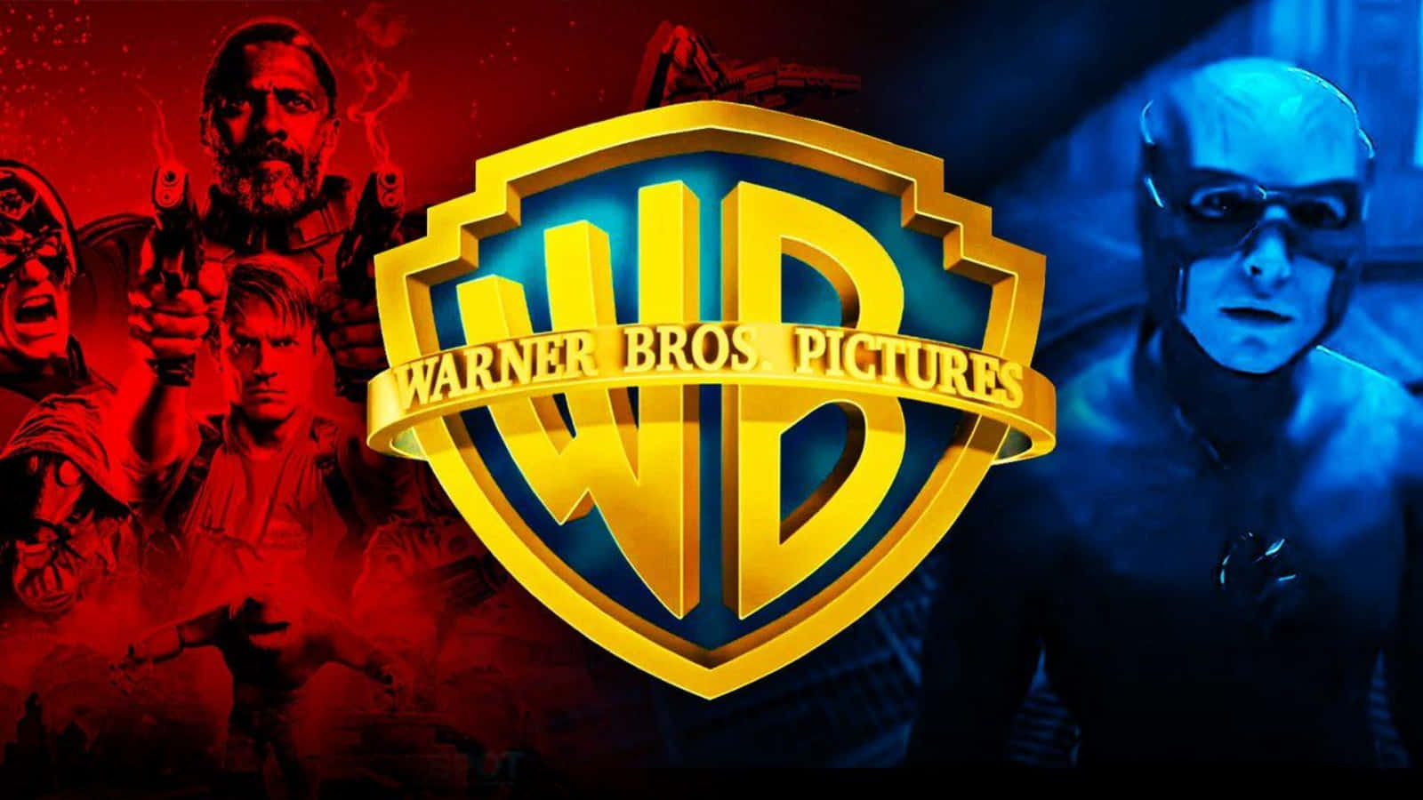 Warner Bros 桌布 壁紙 — Warner Bros Pictures 標誌閃耀金色居中，由紅色動作英雄和藍色蒙面義警環繞，背景深色。