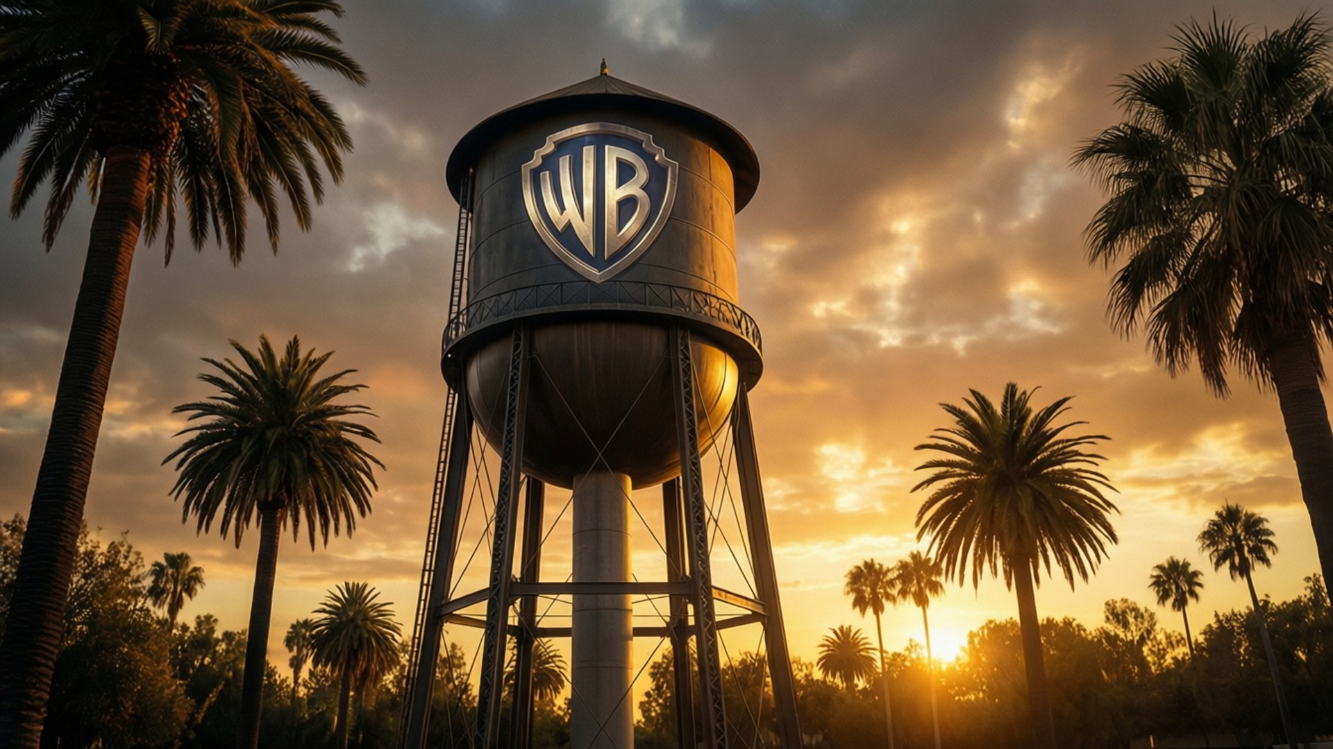 Warner Bros. Entertainment 桌布 壁紙 — 華納兄弟的水塔高聳於棕櫚樹之間，金色的夕陽將天空染上溫暖的色調。