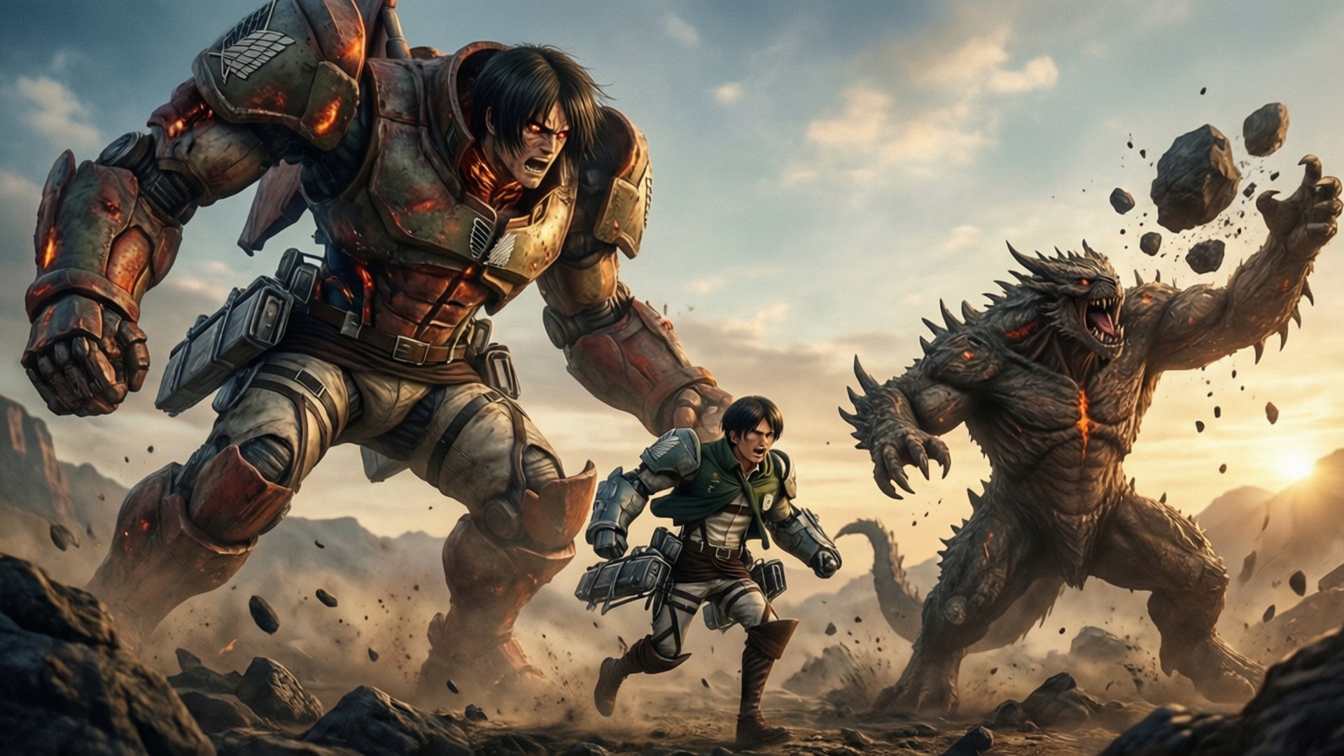 Aot 2 Final Battle 桌布 壁紙 — 一名身穿重甲的戰士向前衝鋒，一名較小的戰士在他身旁奔跑，在日落時分的岩石荒地中對抗一個佈滿尖刺的巨獸泰坦。