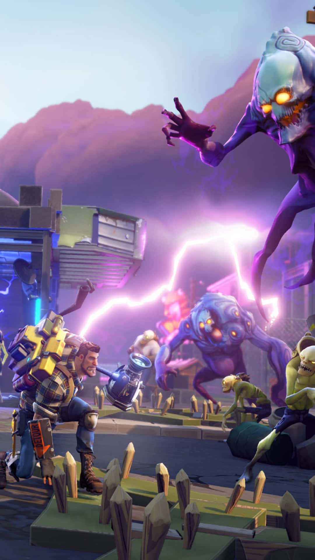 戰士在廢墟城市中於黃昏時分與發光怪物戰鬥。 — Fortnite 壁紙