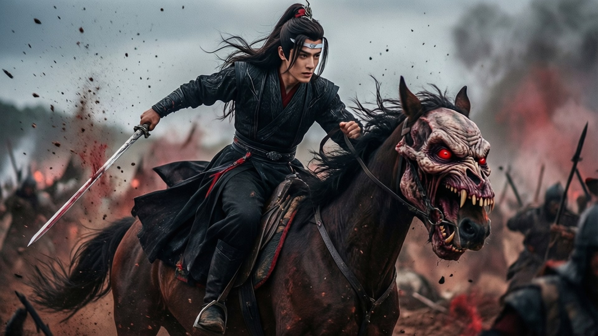 Demonic Charge 壁紙 — 一名身穿黑色盔甲的戰士騎著一匹惡魔骷髏頭的馬，穿過煙霧和鮮血的戰場。