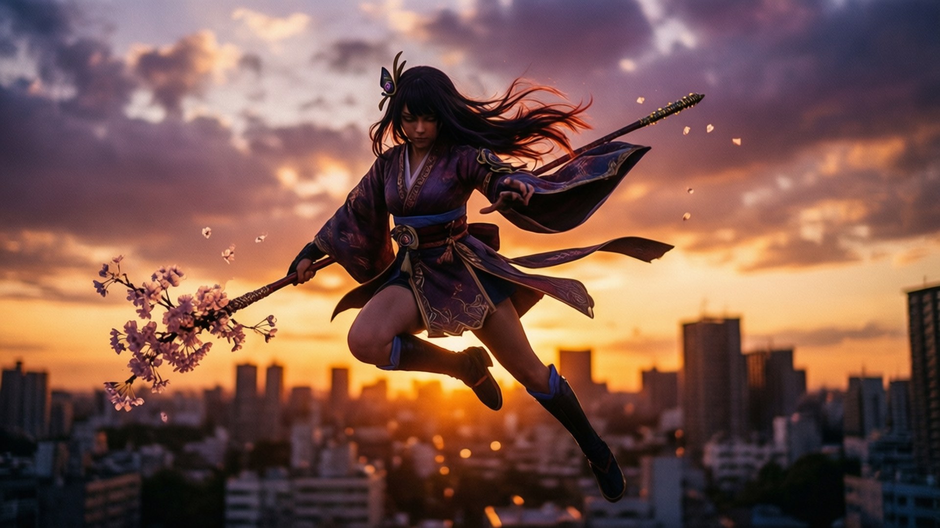 Sunset Flight 壁紙 — 一位身穿紫色和服的戰士在夕陽天空中躍過城市景觀，手持櫻花杖。