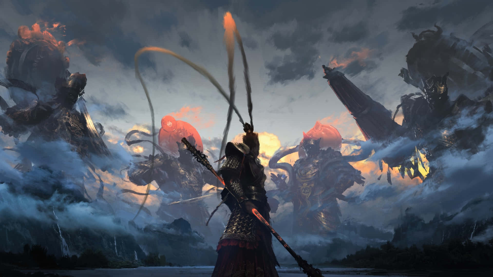  壁紙 — 一名身穿暗色盔甲的戰士揮舞著火焰法杖，對抗在黃昏時從暴風雲中升起的巨大惡魔敵人。