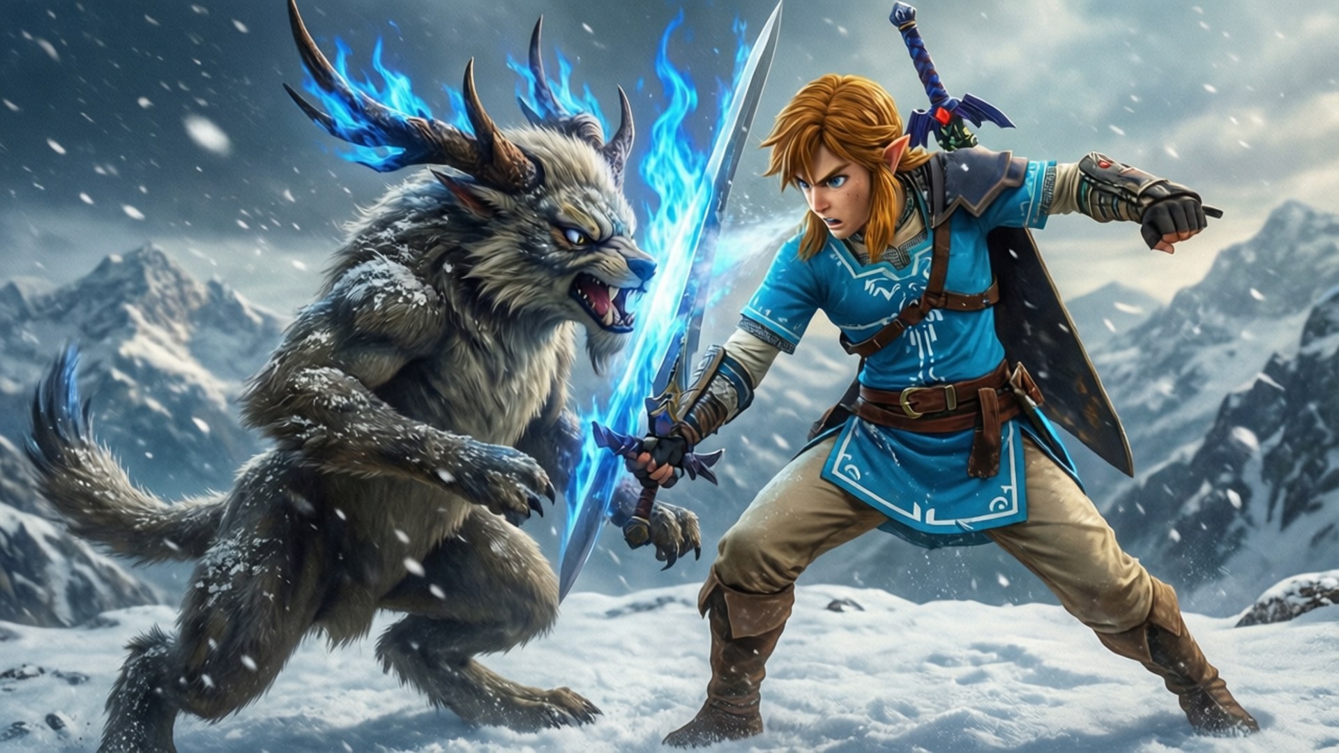 Snowy Showdown 壁紙 — 一位身穿藍色束腰外衣的戰士在白雪覆蓋的山谷中揮舞著發光的劍，對抗一隻長著藍色火焰角的咆哮野獸。