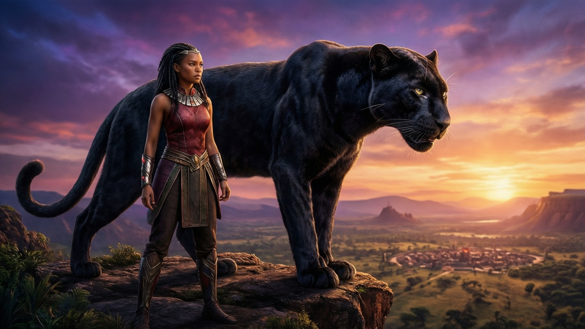 Shuri and Panther 壁紙 — 一位女戰士和一隻黑豹站在懸崖上，俯瞰日落時分的山谷，天空呈現紫色、橙色和金色。