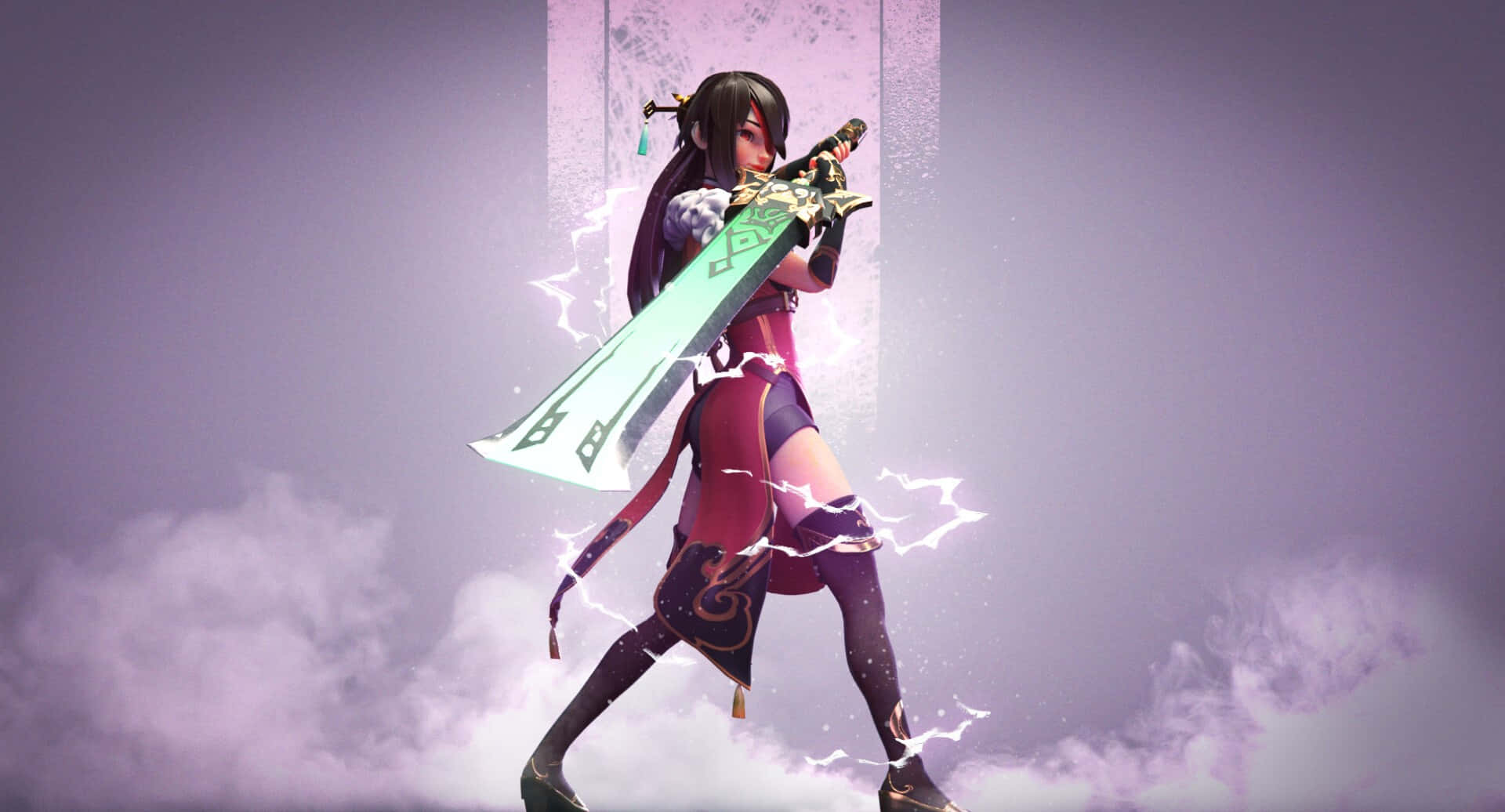 Genshin Impact Beidou 桌布 壁紙 — 一位女戰士在紫色背景下，於劈啪作響的閃電和旋轉的迷霧中揮舞著發光的劍。