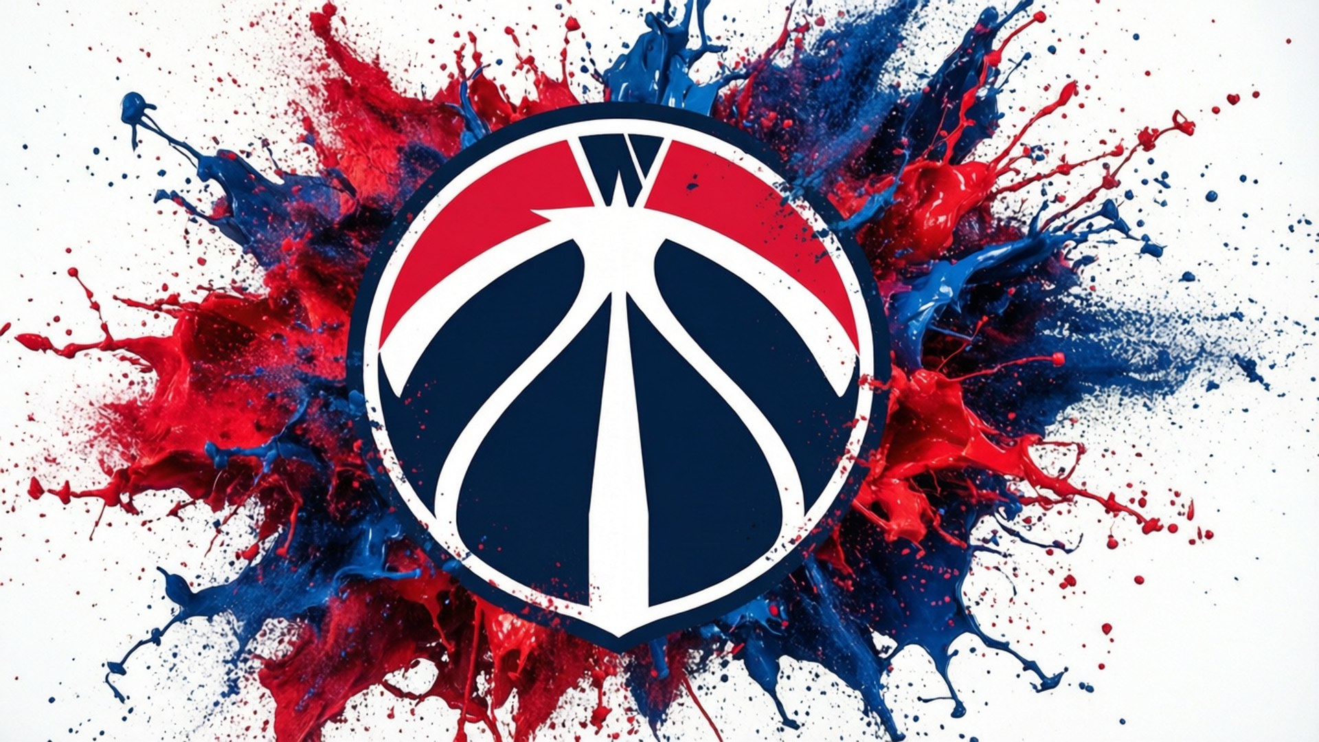 Paint Splash Logo 壁紙 — 一個大膽的華盛頓巫師籃球標誌，置於白色背景上爆炸性的紅色和藍色油漆飛濺中心。