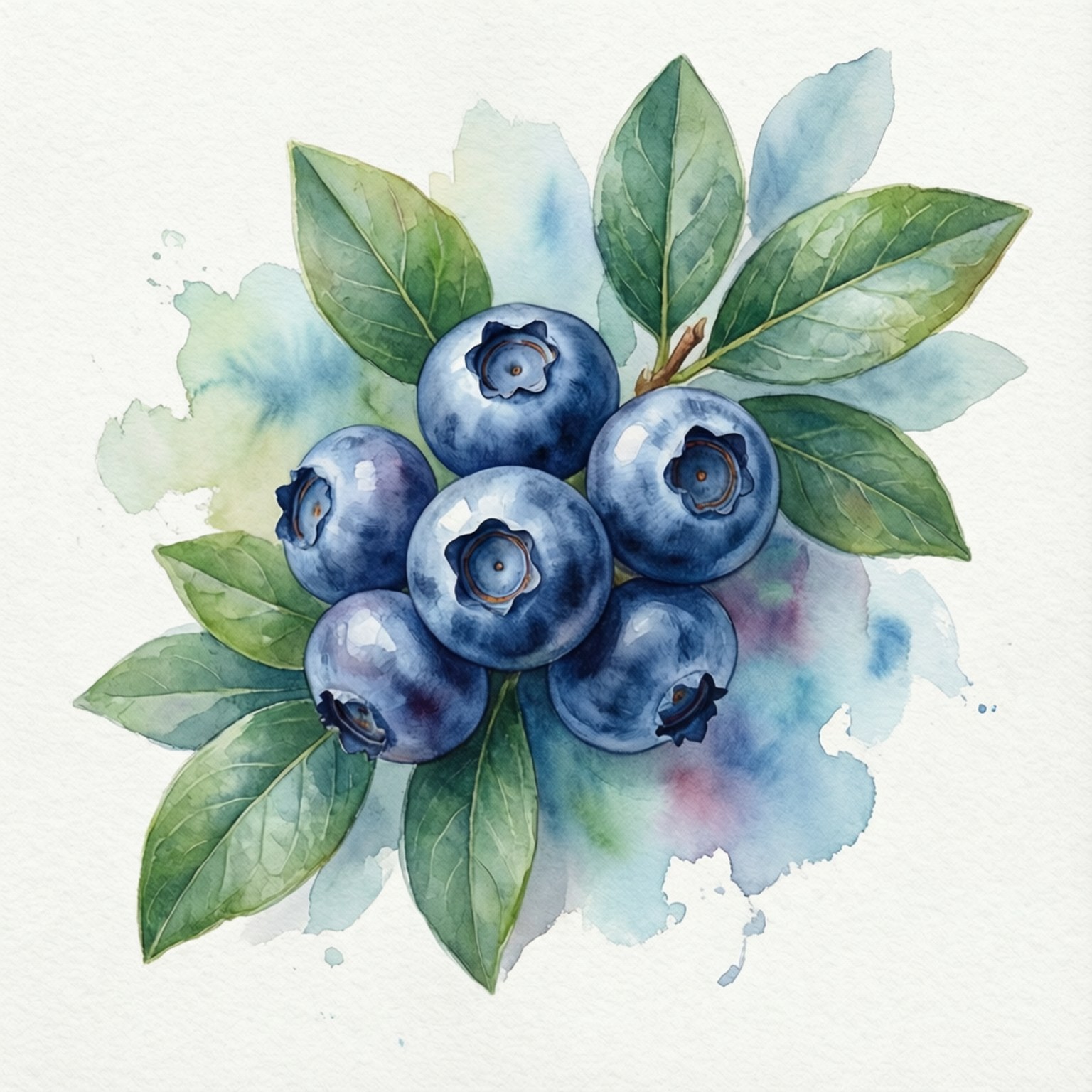Watercolor Blueberries 壁紙 — 水彩畫，描繪飽滿的藍莓和綠色葉子，背景為有紋理的白色，帶有柔和的藍色和綠色水洗效果。