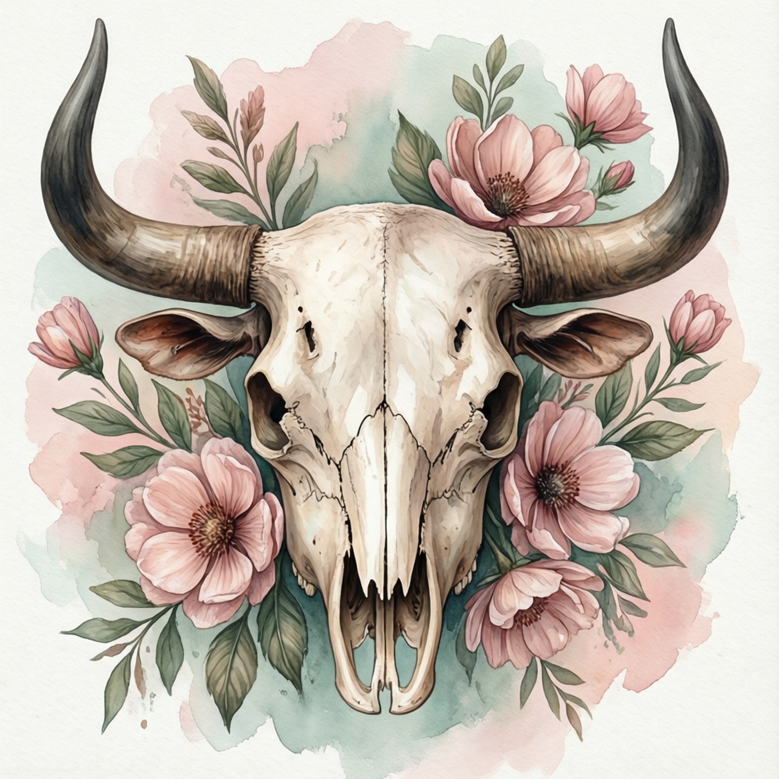 Boho Bull Skull 壁紙 — 水彩插圖，描繪一個帶有彎曲角的公牛頭骨，周圍環繞著粉紅色的花朵和綠色的葉子，背景為柔和的粉彩。