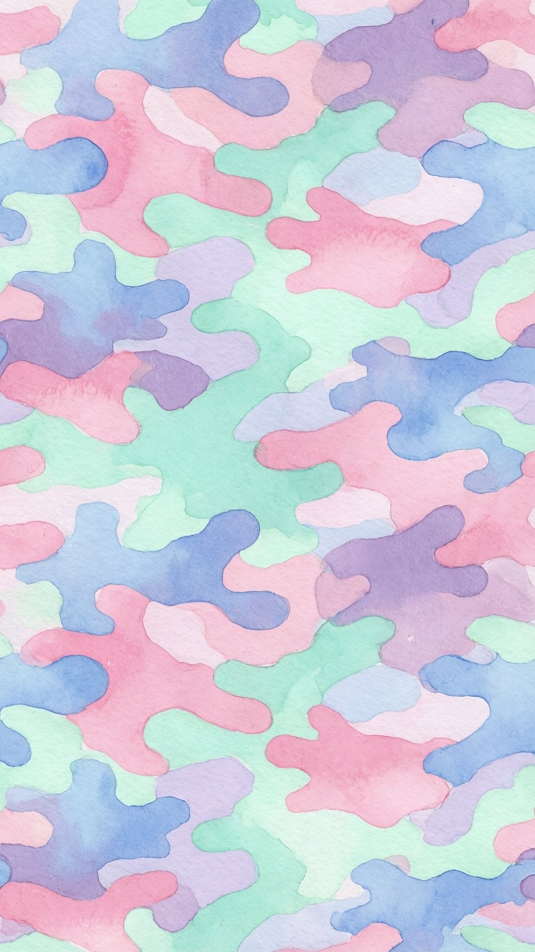Pastel Dream Camo 壁紙 — 水彩迷彩圖案，柔和的粉紅色、紫色、藍色和薄荷綠色斑點互相融合。