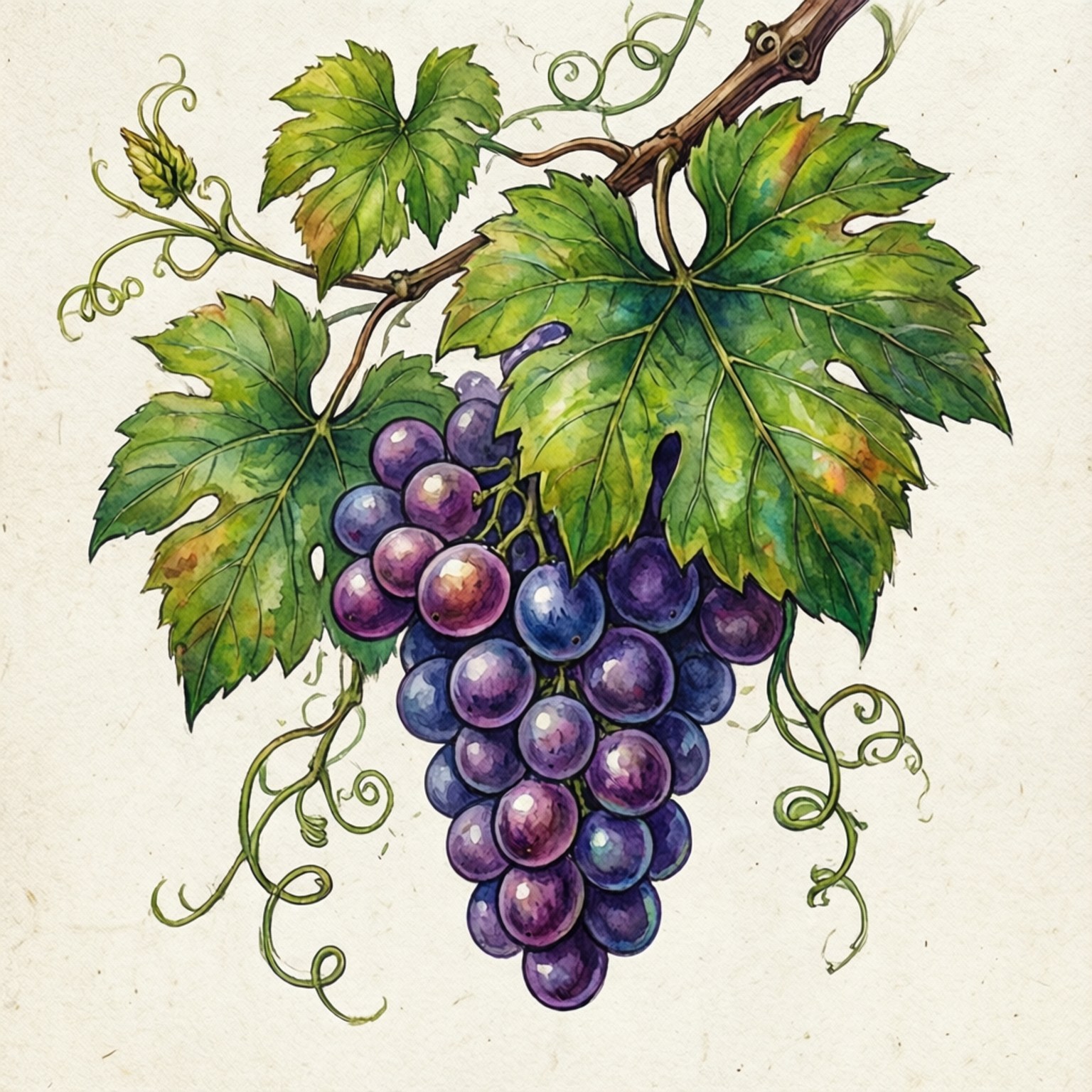 Watercolor Grapevine 壁紙 — 一串成熟紫色葡萄掛在藤蔓上的水彩插圖，藤蔓有茂密的綠葉和捲曲的卷鬚。