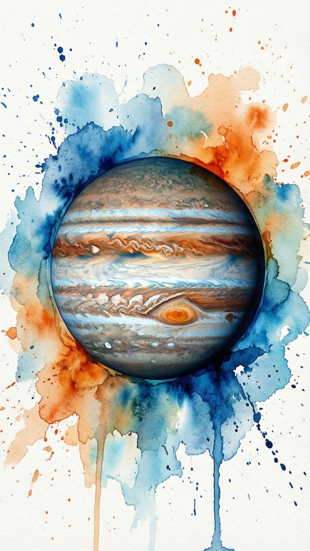 Watercolor Jupiter 壁紙 — 一幅水彩畫，描繪木星被鮮豔的藍色和橙色飛濺和滴落在白紙上。