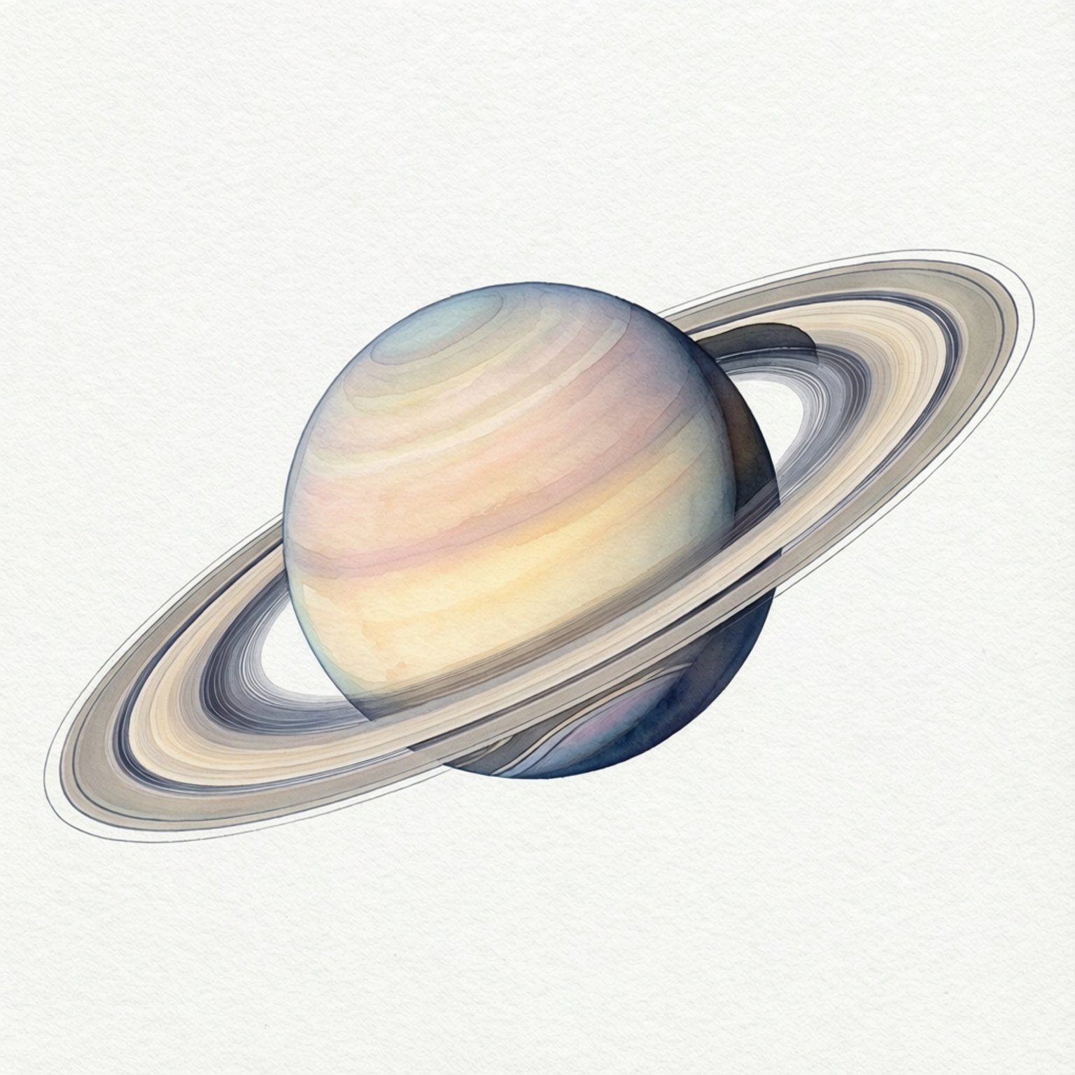 Soft Watercolor Saturn 壁紙 — 一幅土星的水彩畫，帶有柔和的粉彩帶和詳細的環，背景為有紋理的米白色。