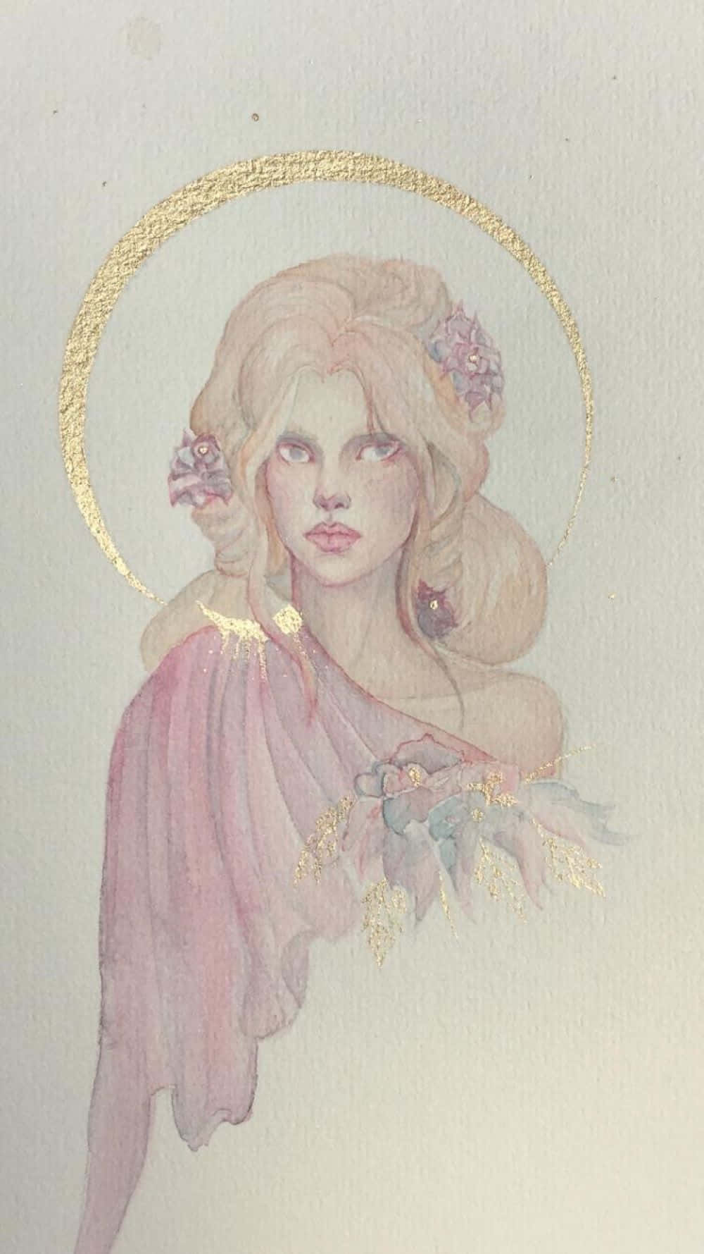  壁紙 — 一幅水彩畫肖像，描繪一位金髮上飾有花朵和金色光環的寧靜女子。