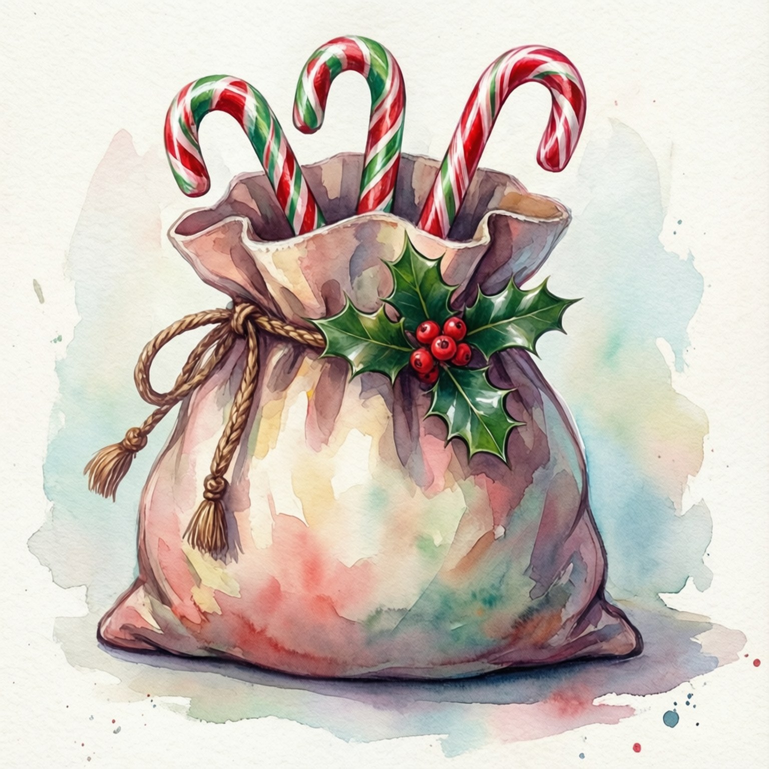 Santa Bag 桌布 壁紙 — 一個水彩風格的袋子，裝滿了拐杖糖和冬青莓，背景是柔和的粉彩。