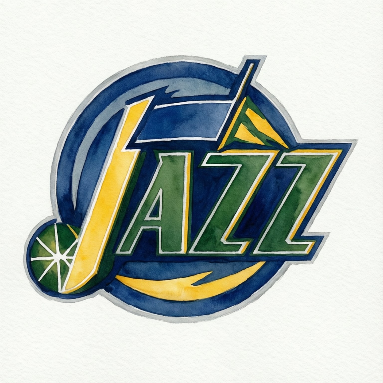 Watercolor Jazz Mountain 壁紙 — 以水彩繪製的猶他爵士隊標誌，在紋理紙上呈現大膽的綠色、黃色和藍色色調。