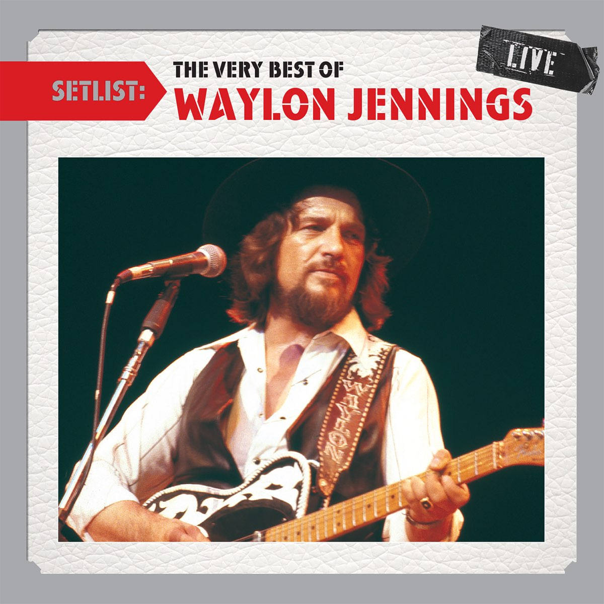 吉他動圖 桌布 壁紙 — Waylon Jennings 在舞台燈光下戴著帽子和背心現場表演彈吉他。