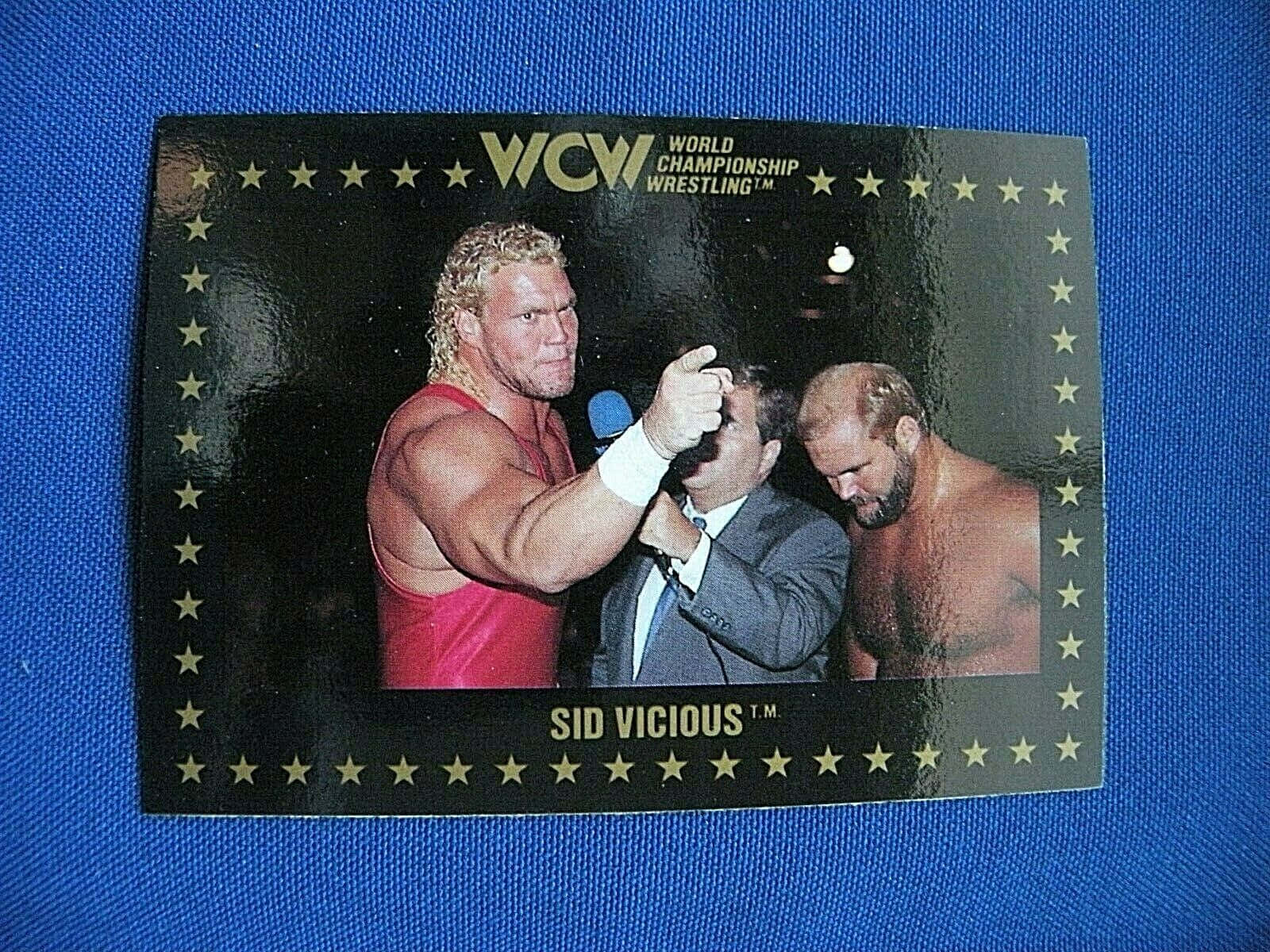 Fight 桌布 壁紙 — WCW摔角卡，Sid Vicious穿著紅色短褲指著一個穿西裝的男人，另一個摔角手在旁觀看。