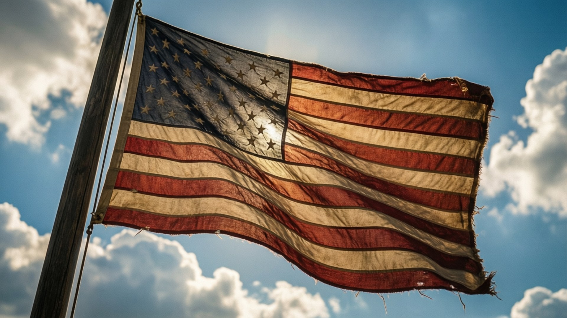Old Glory Waving 壁紙 — 一面飽經風霜的美國國旗在明亮的藍天中驕傲地飄揚，天空點綴著蓬鬆的白雲。