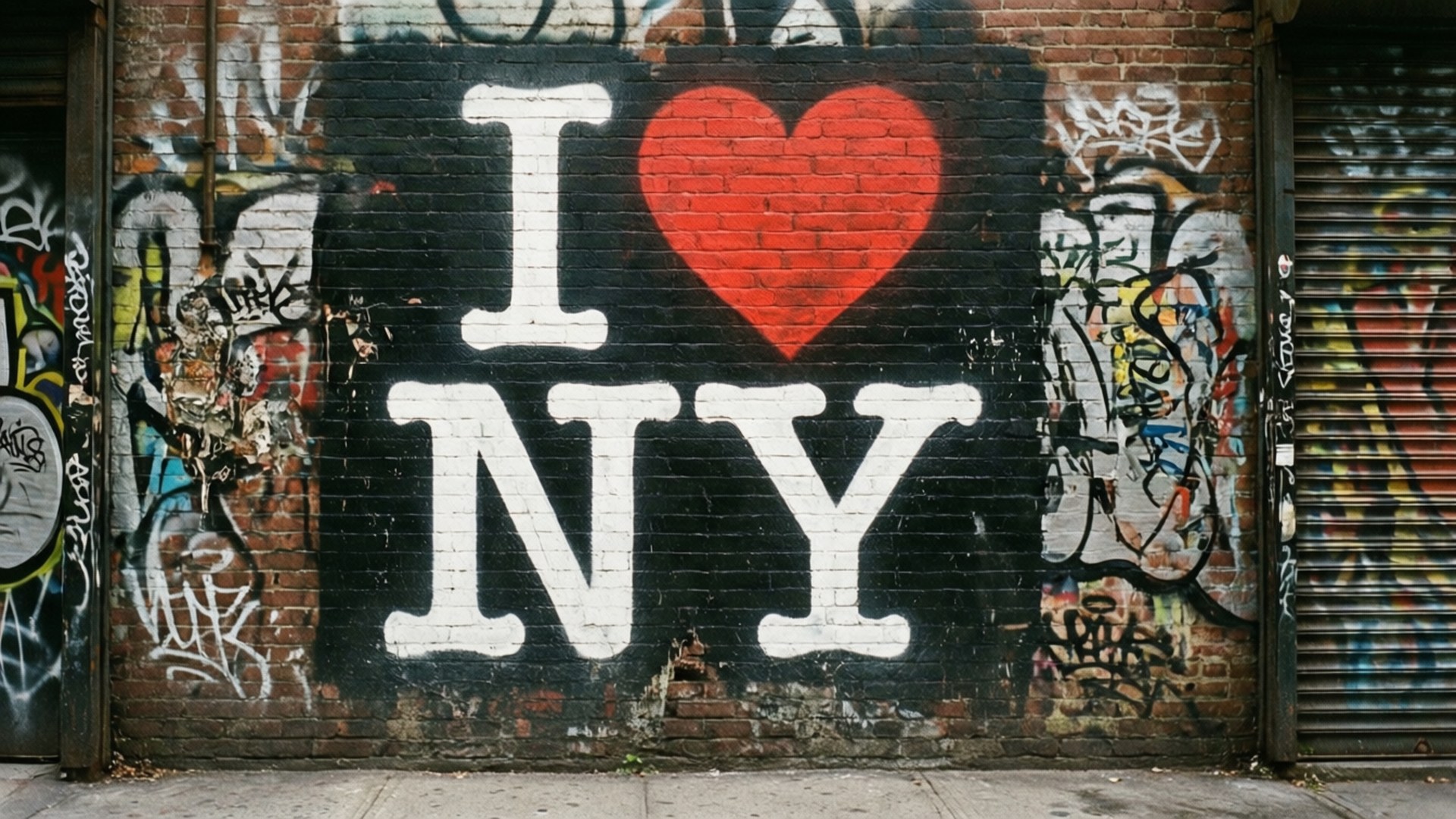 I Love New York 桌布 壁紙 — 一面風化的磚牆上，有一幅經典的 I heart NY 壁畫，採用大膽的白色和紅色，周圍環繞著混亂的塗鴉藝術。