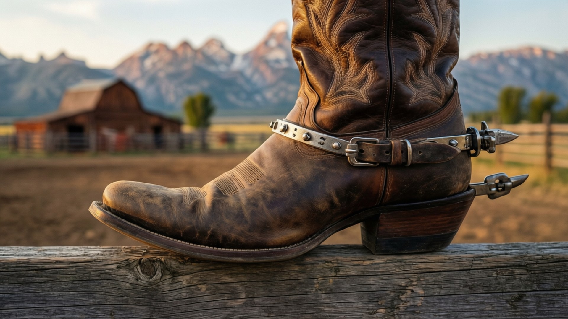 Boots on the Fence 壁紙 — 一雙破舊的棕色牛仔靴帶有銀色馬刺，擱在木柵欄上，背景是山脈和穀倉。