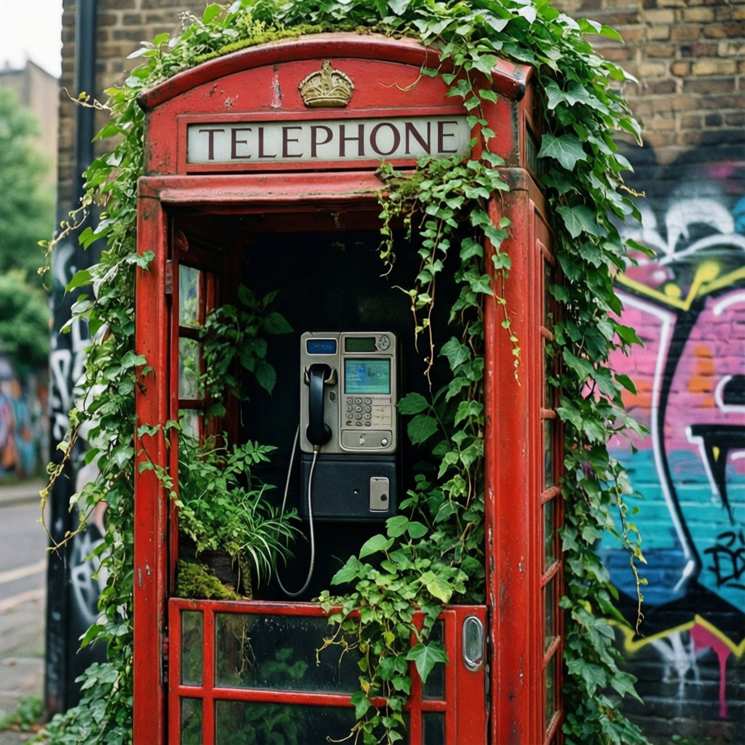 Phone Box Overgrown 壁紙 — 一個風化的紅色電話亭，長滿茂密的綠色常春藤，旁邊是一面佈滿塗鴉的磚牆。