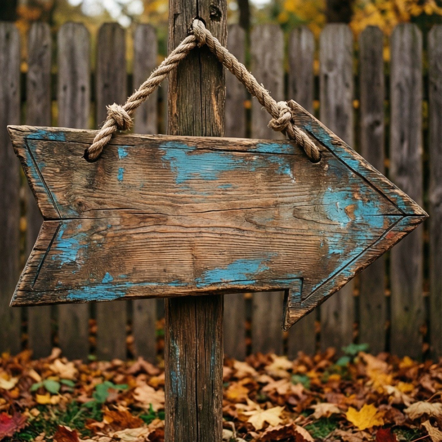 Wooden Sign 桌布 壁紙 — 一個風化的木箭頭標誌，藍色油漆剝落，用繩子掛在柱子上，周圍散落著秋天的落葉。