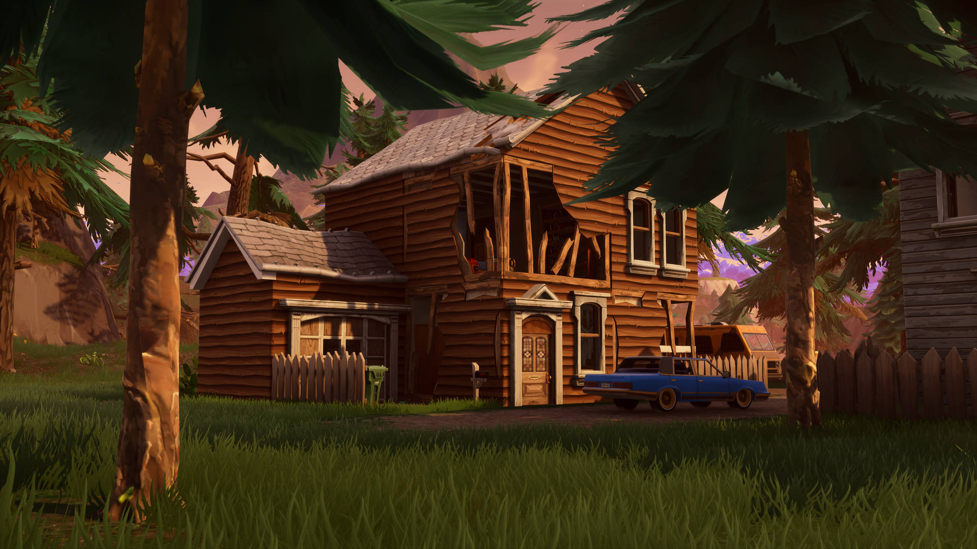 廢棄的木屋，藍色汽車停在黃昏時分的草地森林中。 — Fortnite 壁紙