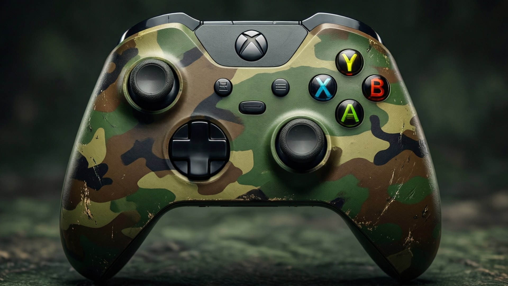 Camouflage Controller 壁紙 — 一個經過風化的Xbox手把，帶有綠色、棕色和黑色迷彩塗料，放在長滿苔蘚的表面上。