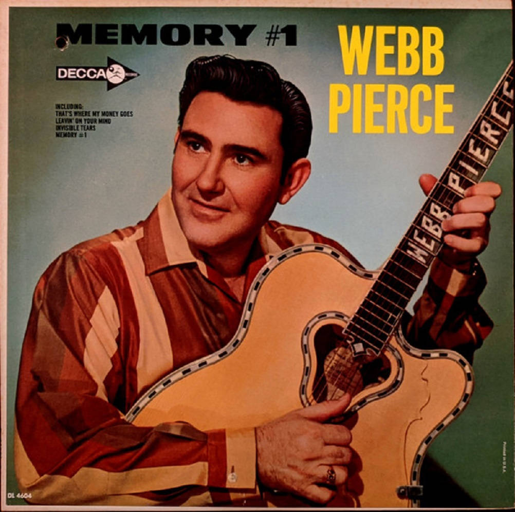 音樂 桌布 壁紙 — Webb Pierce 拿著木吉他的復古專輯封面，背景為藍綠色，並有粗體黃色文字。