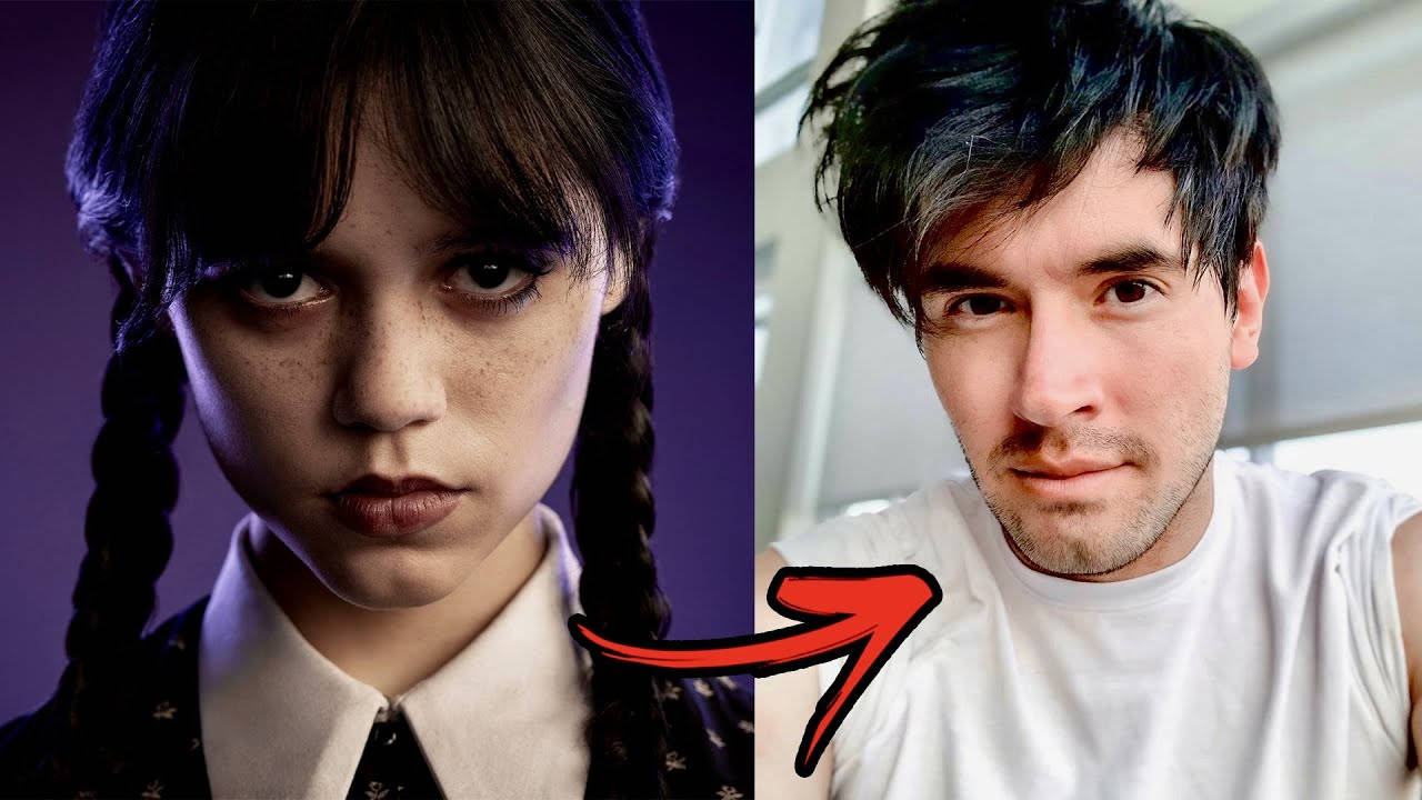人物 桌布 壁紙 — Wednesday Addams 深色辮子、紫色背景，以及一名穿白襯衫男子被紅色箭頭指著的 split 圖片。