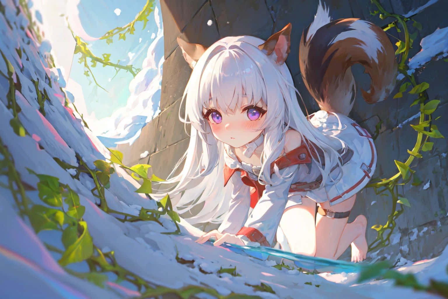  壁紙 — 一位白髮動漫女孩，擁有狐狸耳朵和尾巴，蹲在雪縫中，周圍環繞著綠色藤蔓，在柔和日光下。