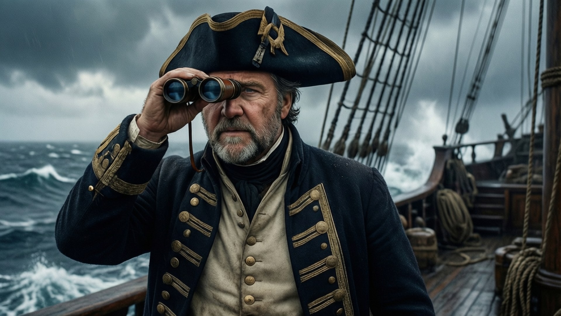 Master and Commander 壁紙 — 一位飽經風霜的海軍船長戴著三角帽，在波濤洶湧、烏雲密佈的船甲板上透過望遠鏡眺望。
