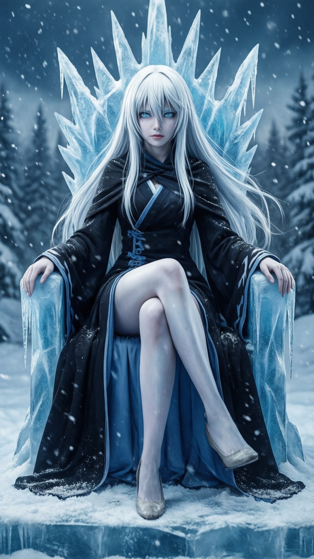 Ice Queen Esdeath 壁紙 — 一位蒼白的長白髮女性威嚴地坐在冰雪森林中的冰王座上，背景是藍色的黃昏天空。