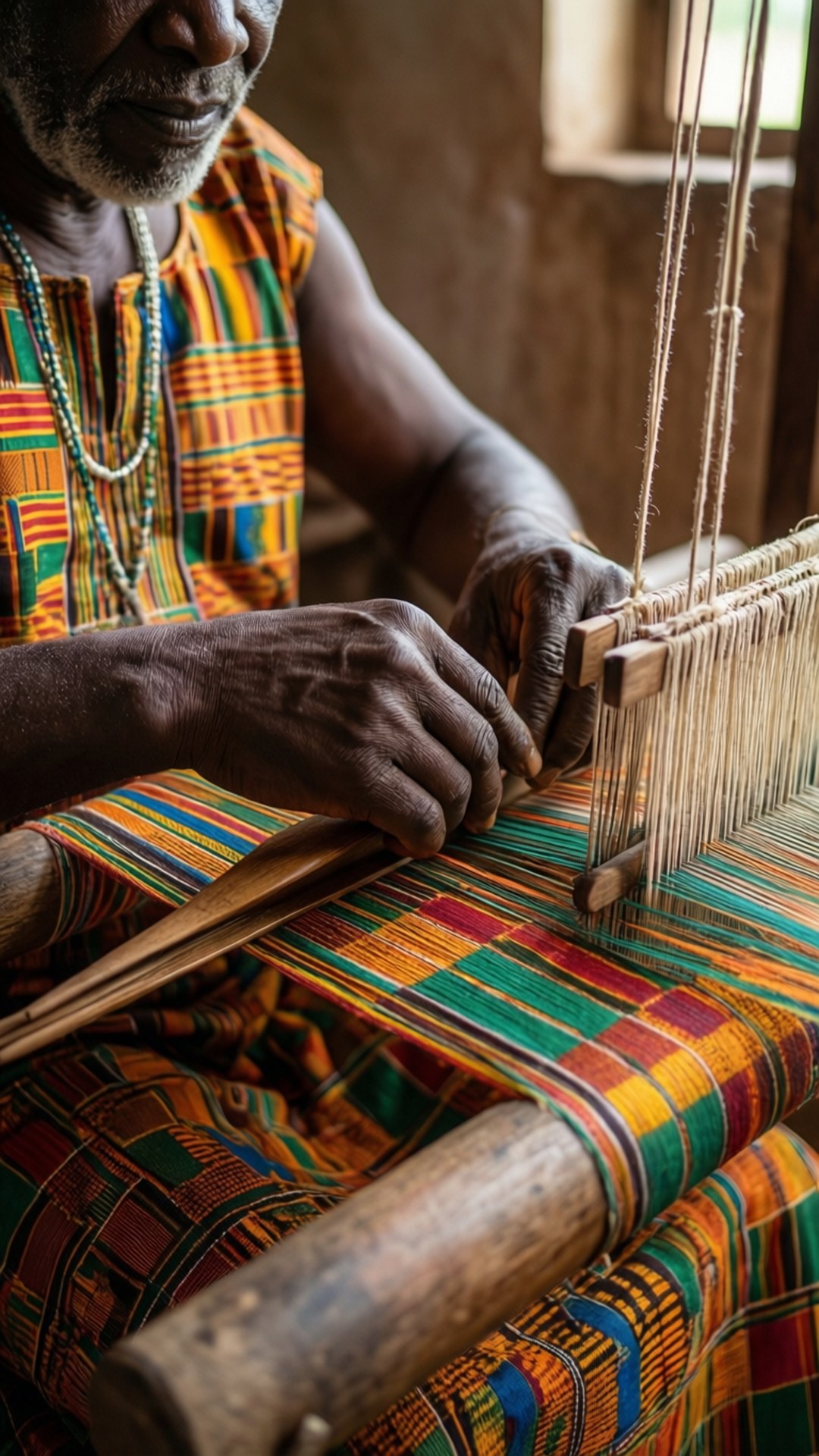 Kente Weaver 壁紙 — 一位長者在陽光充足的鄉村風格房間裡，用專注的雙手在木織機上編織鮮豔多彩的布料。