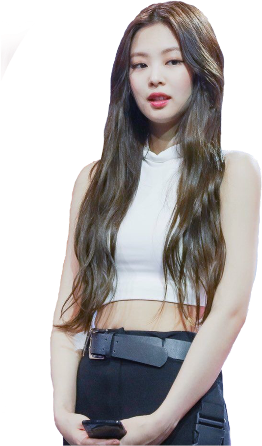 在工作室肖像中拿著手機的長棕色頭髮年輕女性。 — Blackpink 壁紙