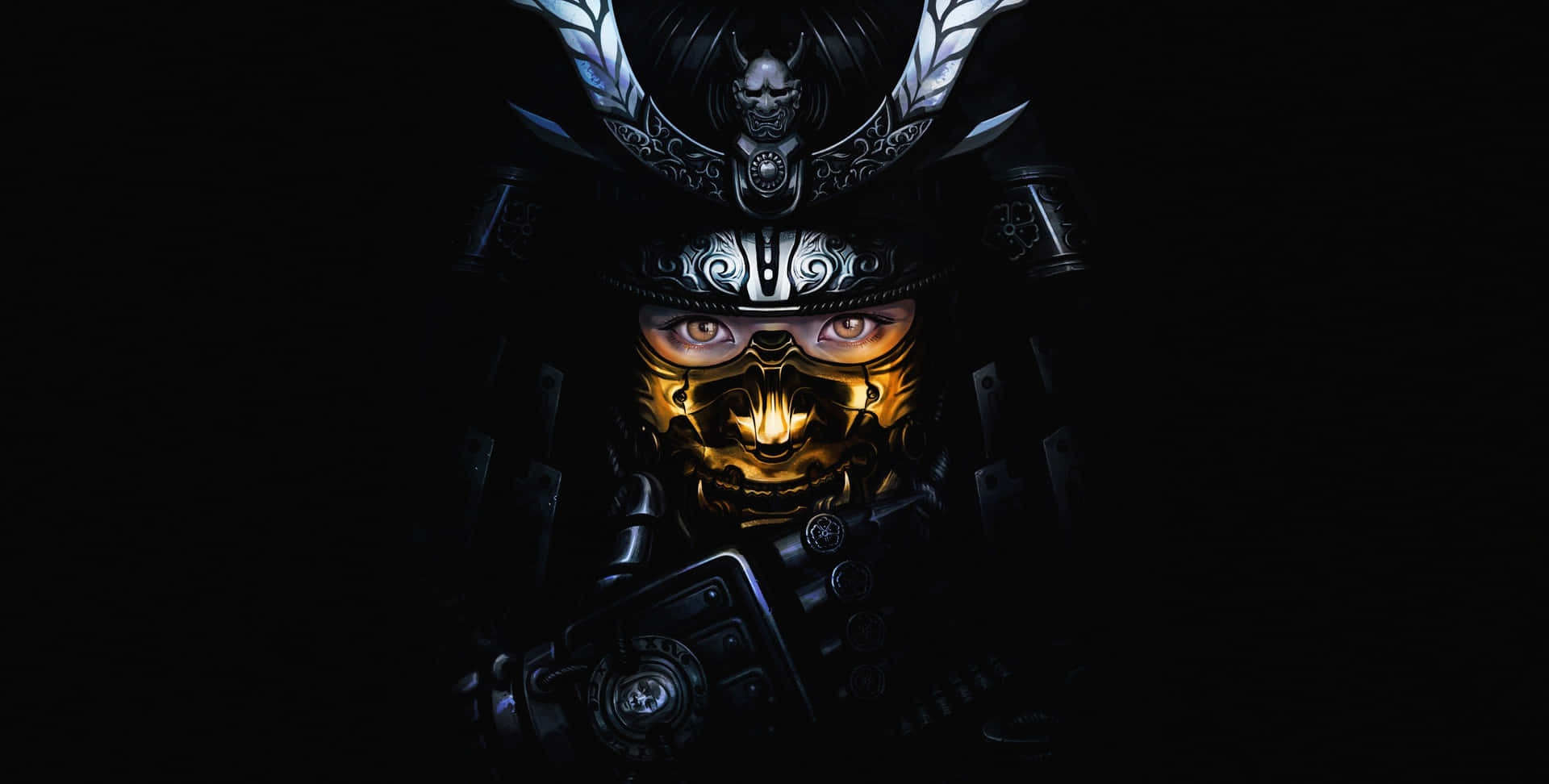  壁紙 — 一位身穿華麗黑色盔甲、擁有金色發光眼睛的武士戰士，在黑暗背景下強烈凝視。